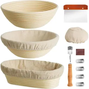 Banneton Bread Proofing Basket, Round Oval Proofing Basket Set of 3 (9" Round & 10" Round & 10" Oval), Sourdough Proofing Basket with Liner, Bread Lame, Scraper