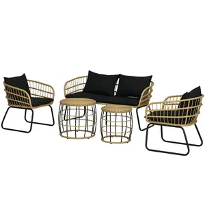 5 Piece PE Rattan Outdoor Furniture Set With Plush Cushioned Seats And Stacking Tables For Deck Or Garden Each Chair Holds 286 Lbs