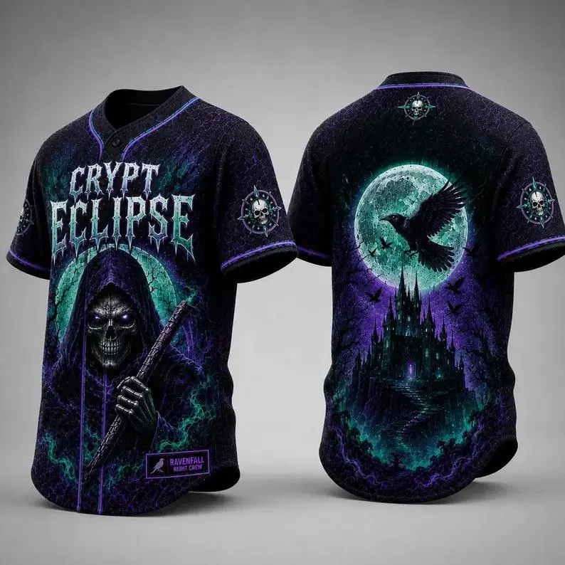 Men's Halloween Short Sleeve Baseball Jersey Tee - Regular Length, Baseball Cut, Gothic Look, Grim Reaper Print, Haunted Castle Design, Crypt Eclipse Theme, Multi-Size Spooky