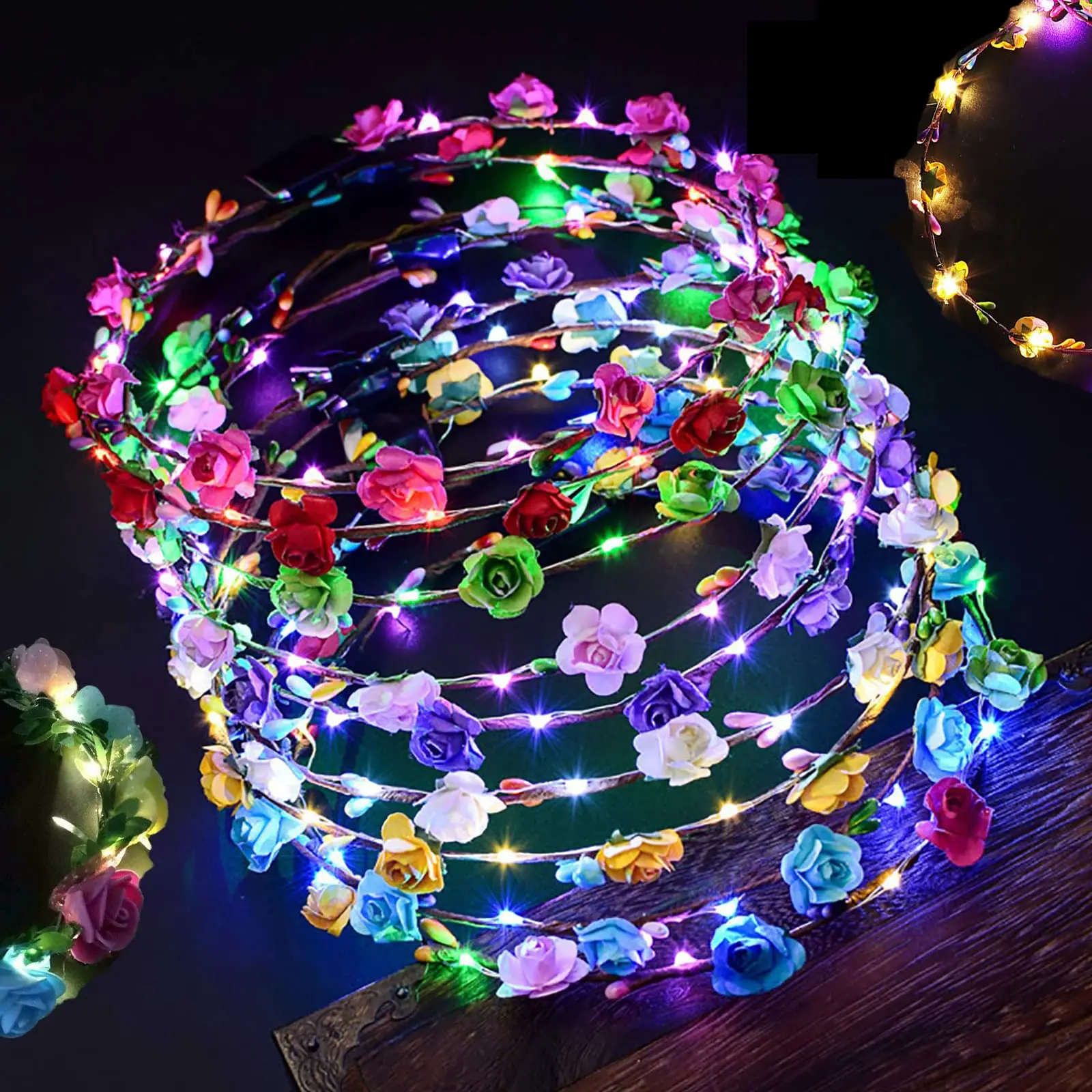 10 Pcs LED Flower Headband Colofu Light Up Flower Wreath Crowns for Christmas Halloween Child Birthday Party