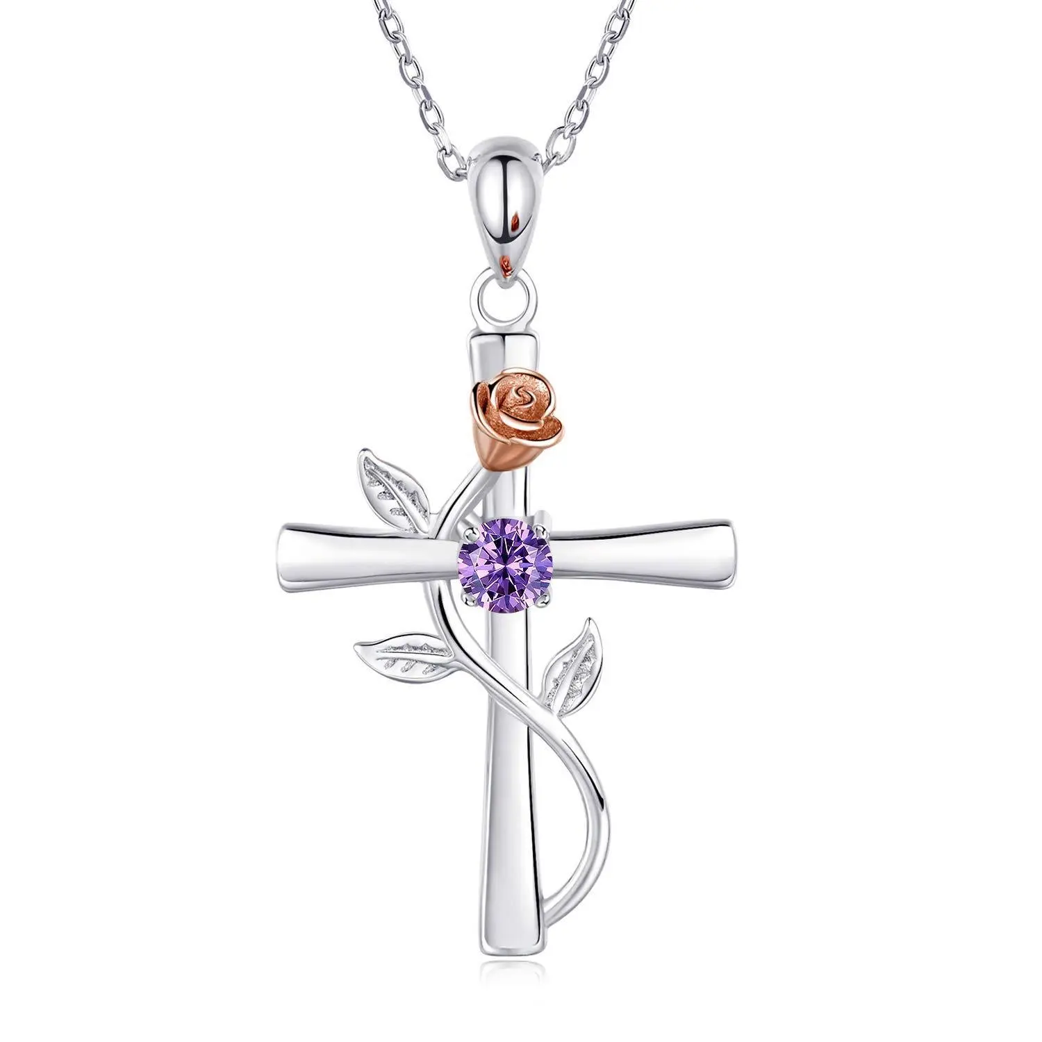 Women's TikTok Viral Rose Cross Jewelry Stack - Purple Crystal Pendant, Adjustable Silver-Plated Chain, Spiritual Jewelry with Bling Effect, Divine Feminine Crystal Necklaces, Rose Gold Aesthetic, 45Cm Main Chain, Casual, 2.3Cm Wide, Date Night, 3.5Cm Pen