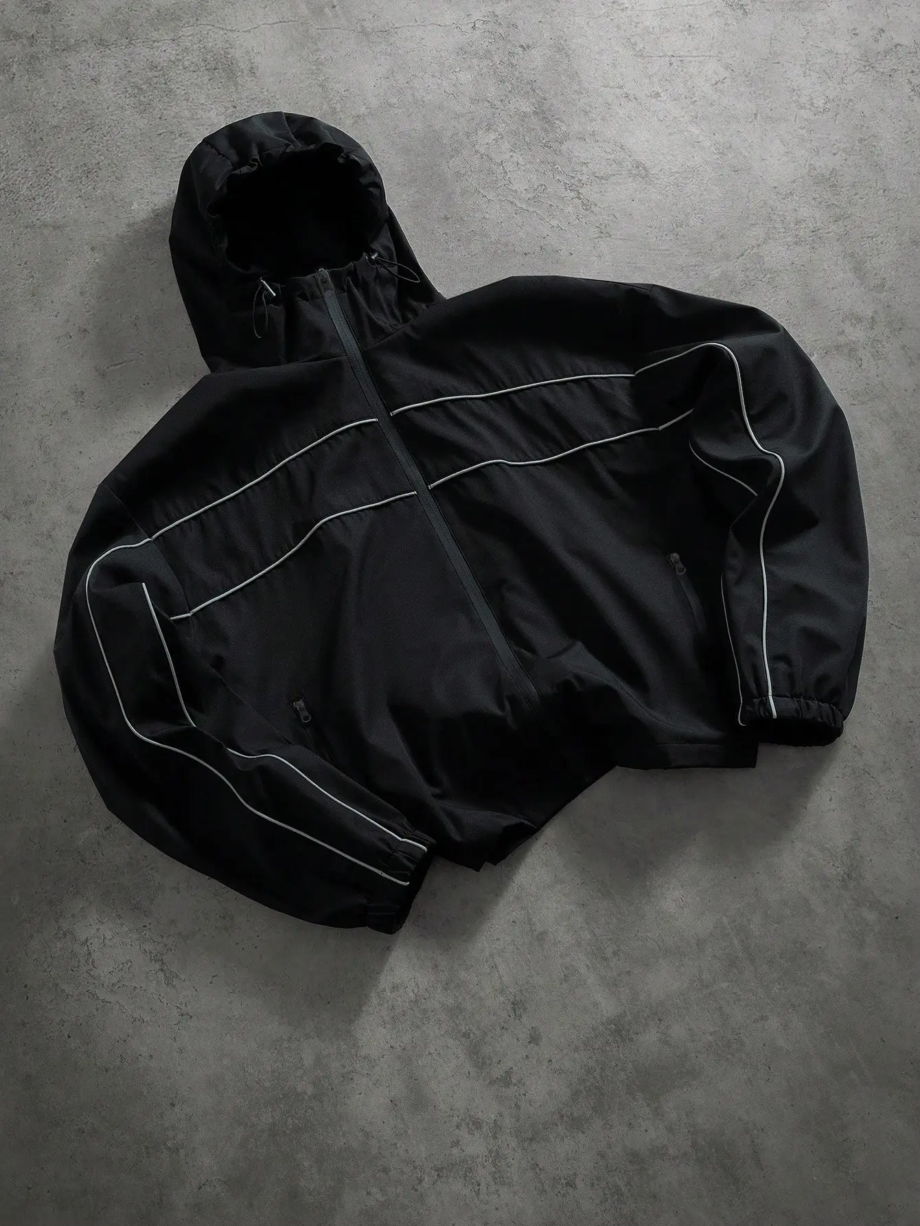 Men’s Hooded Windbreaker Jacket - Water-Resistant Techwear Streetwear with Reflective Stripes, Zip Pockets, Smooth Fabric Shell, Bike Night Visibility, Casual Menswear for Cycling & Everyday Wear