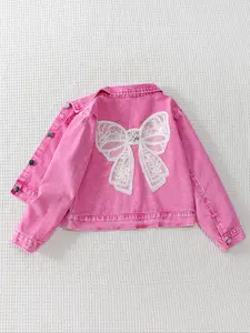 Girls' Toddler Denim Jacket, Cartoon Butterfly Embroidery, Fitted Design Casual Outerwear, All-Season Comfort, Perfect for Parties & School