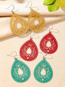 3 Pairs Women's Water Drop Earrings Set, Bohemian Colorful Geometric Pattern Dangle Ear Studs, Lightweight Jewelry Gift for Parties, Holidays, Everyday Wear