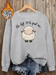 Cute Sheep Print Faux Fur Round Neck Top, Soft and Skin-Friendly, Healing Slogan Design, Casual Youthful Style, Daily Wear
