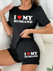 Women's Short Sleeve Shorts Pajama Set, Lady Heart Letter Print Sleepwear, Casual Style Loose Fit Nightwear, Comfortable Summer Loungewear Pjs, Womenswear, Pajamas