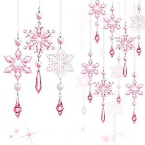 15-Piece Crystal Snowflake Christmas Tree Ornaments Acrylic Snowflakes Winter Wonderland Party Gifts & Celebration Decorations (Light Pink)