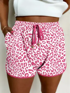 Women's Leopard Print Casual Shorts, Elastic Waistband with Drawstring, Contrast Trim Summer Bottoms with Pockets, Comfy Animal Print Loungewear