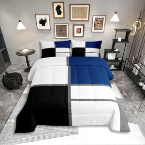Geometric Abstract Bedding Set,Blue and White Striped Comforter Set,Square Grid Quilt Duvet Set,Modern Art Patchwork Bedding Collections
