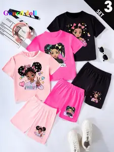 Girls' Summer New Fashion Cartoon Headprint Set, Loose Fit T-Shirt and Shorts, 3-Piece, Summer Outfits Set, Casual Style, All Seasons, Summer Clothes Set