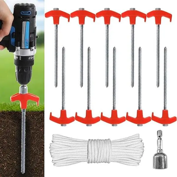 10Pcs 8-Inch Heavy-Duty Screw-In Metal Tent Stakes with Hex Head Driver, Camping & Hiking Equipment, Outdoor Tent Accessories, Tent Stake