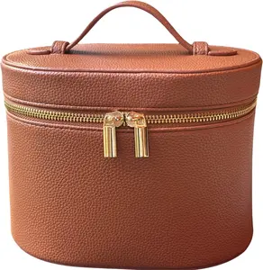 The Vanity Case - Chic Brown PU Leather Cosmetic Bag with Gold Zipper & Handle Design, 8x5.5x6 Inches, Water-Resistant, TSA-Approved Travel Case Makeup Storage Organizer Compact