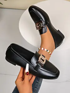 Women's Round Toe Slip-On Loafers, Plain Color Metal Decor, Casual Fashion Shoes for Daily Wear, Office Commute, Outdoors