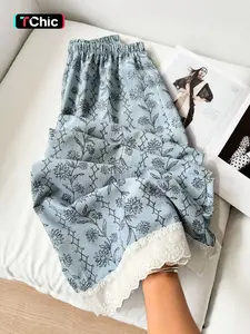 Casual Lace Trim Wide Leg Pants, Cottagecore Chic Print Elastic Waist Flowy Long Trousers