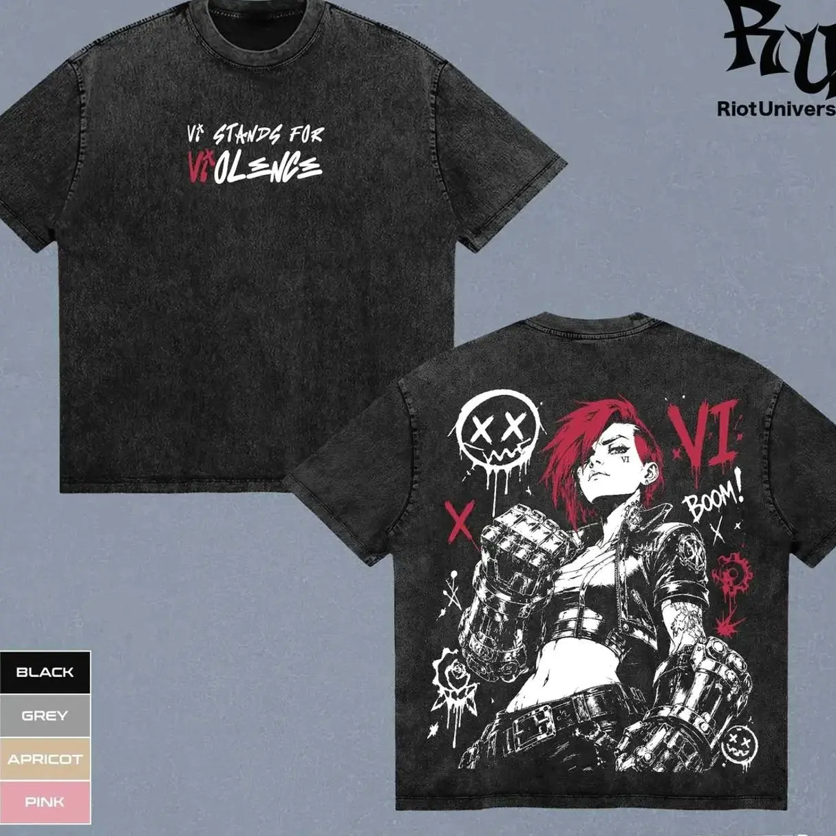 Arcane Vi Washed Shirt, Cagefighter Street Punk Wash T-shirt, League Of Legend Graphic Tee, Retro Vintage Arcane Movie Trending Tee, Gift For Fans, LoL Tshirt, Apparel Fan Merch Merchandise T shirt Top Outfit KU1
