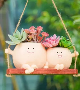 Cute Couple Swing Planter with Smiley ,Couple Planter,Hanging Swing  Pot,Hanging  Pot for Indoor Outdoor , (Khaki)