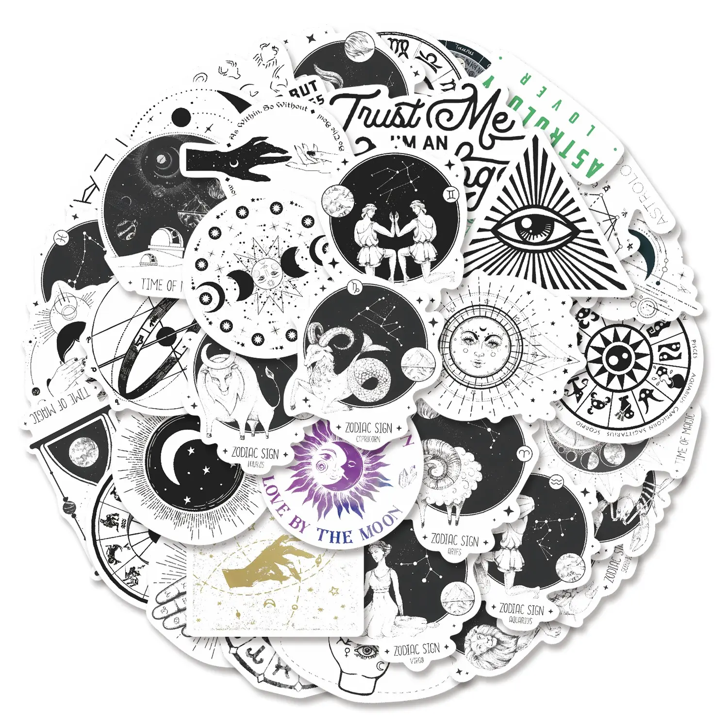 50pcs Zodiac Astrology Mystical Stickers Pack, Sticker Collage Pack, Waterproof Vintage Celestial Witchy & Zodiac Decals for Laptop, Water Bottle, Journal & Scrapbook, Astrology Lover Gift, DIY Sticker Paper, Decorative Stickers