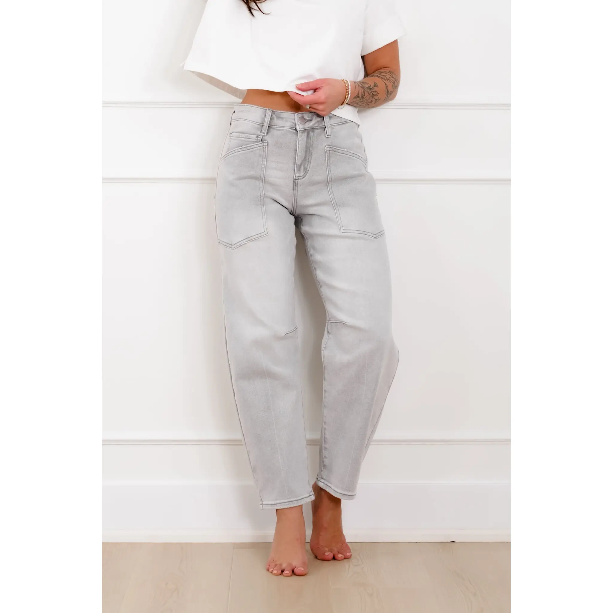 Restock! Risen The Stormi High Rise Grey Barrel Jeans with Patch Pockets Restock! Risen The Stormi High Rise Grey Barrel Jeans with Patch Pockets