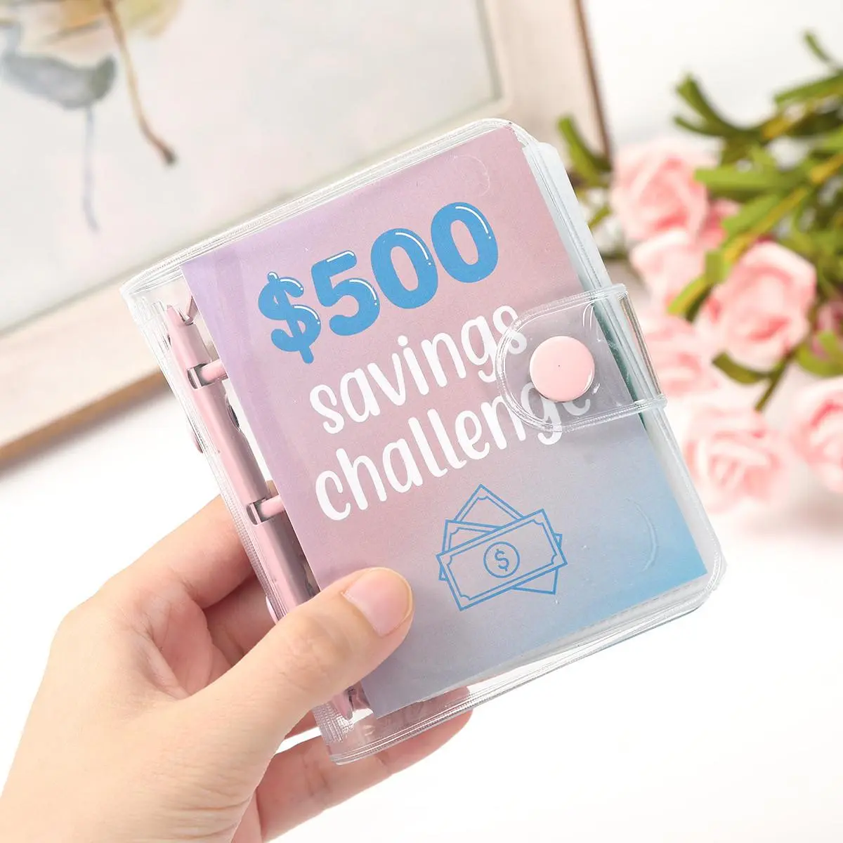 Mini Savings Binder - 500-Dollar Envelope Challenge Binder with Cash Storage, Loose-Leaf Office Stationery Supplies Notebook Planner Organizer Wallet