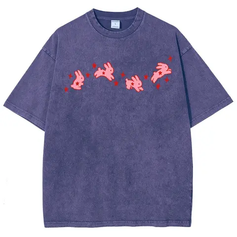 Men's Oversized Cotton Graphic T-Shirt - Vintage Washed Heavyweight Stone Wash Top, Cute Pink Cartoon Running Rabbits Star Kawaii Aesthetic, Round Neck Short Sleeves Menswear, Pre-Shrunk Fabric for Casual Days