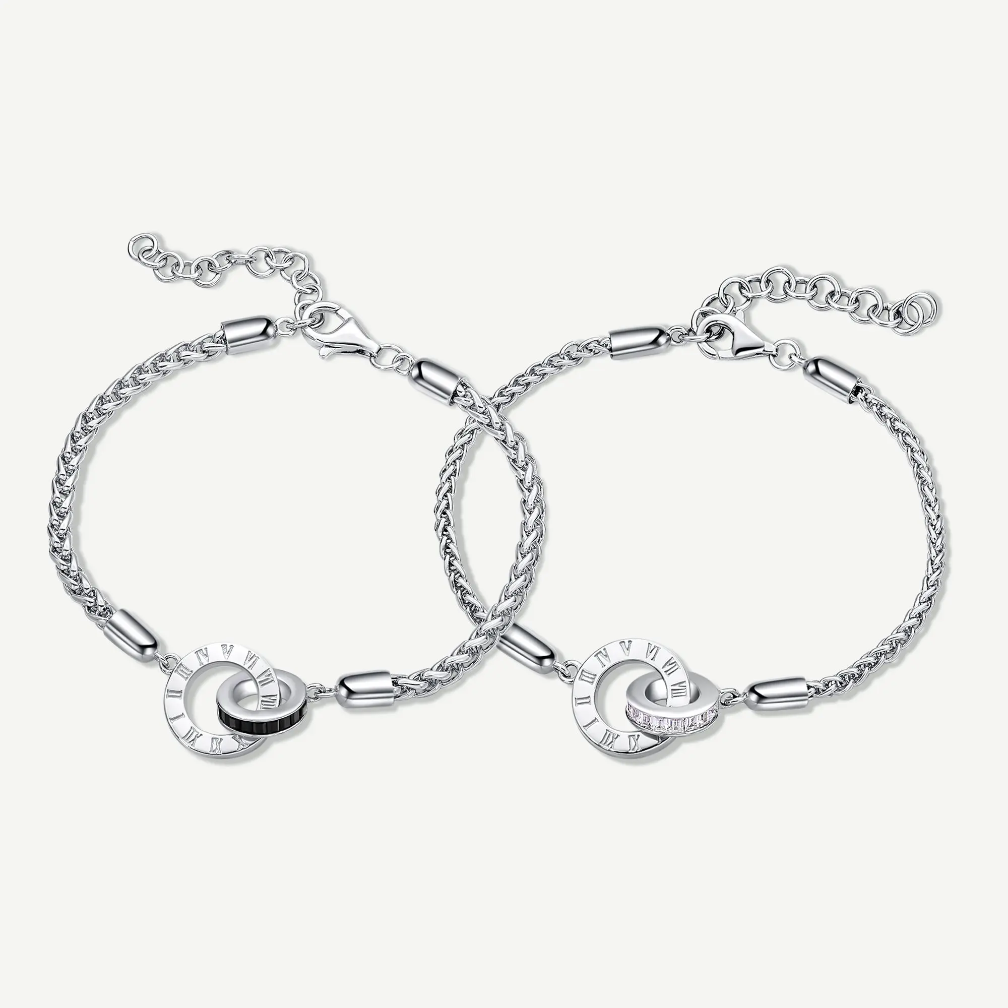 925 Sterling Silver Couple's Roman Numeral Wheat Chain Bracelets - His and Her Matching Set with Cubic Zirconia, Adjustable, Waterproof, for Male & Female Daily Wear, Adults, Link Bracelets, His & Hers, Roman Numerals, Waterproof Duo, 12Mm*9Mm