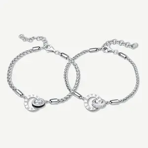 FANCIME "Roman Time" Interlocking Circle Couples Sterling Silver Wheat Chain Bracelets