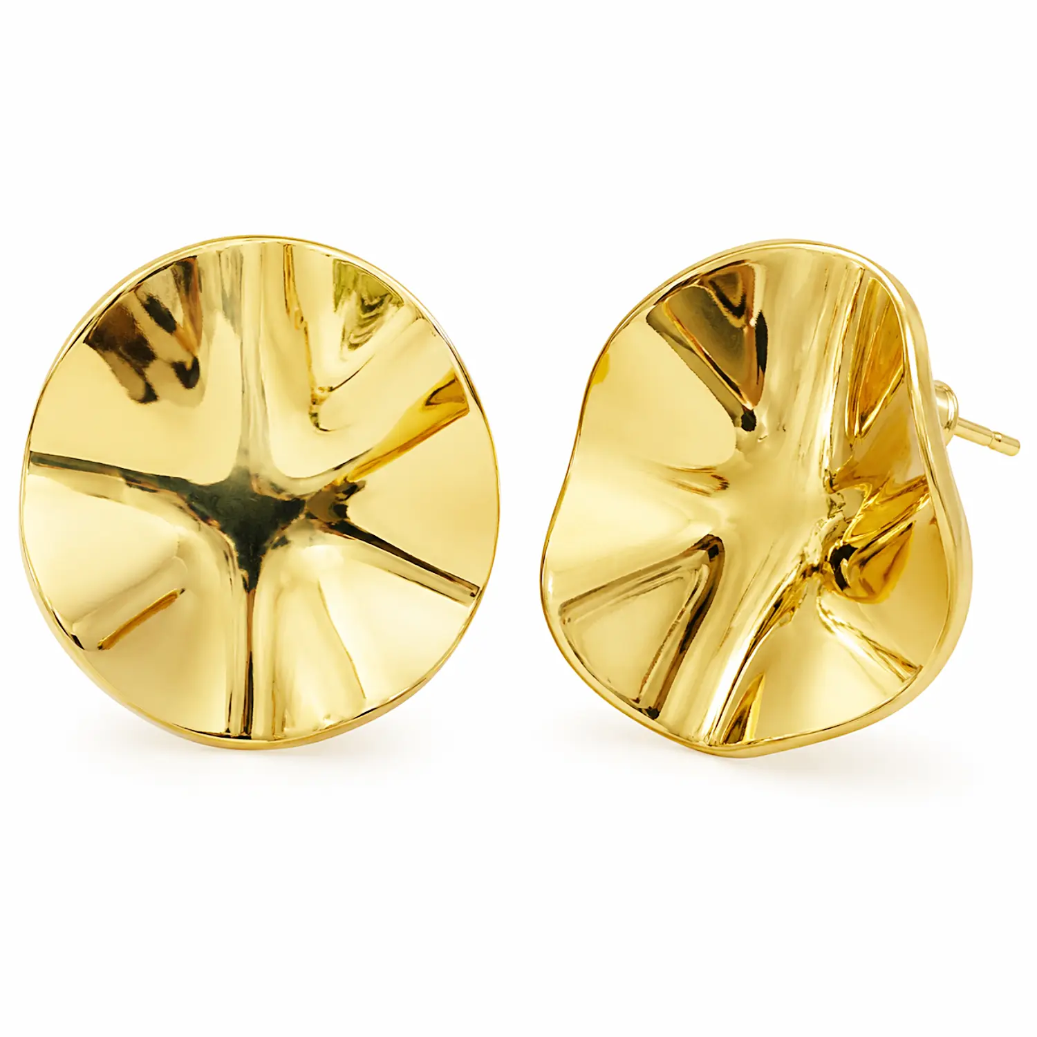 Gold-Tone Hammered Coin Disc Stud Earrings – Stainless Steel Statement Earrings