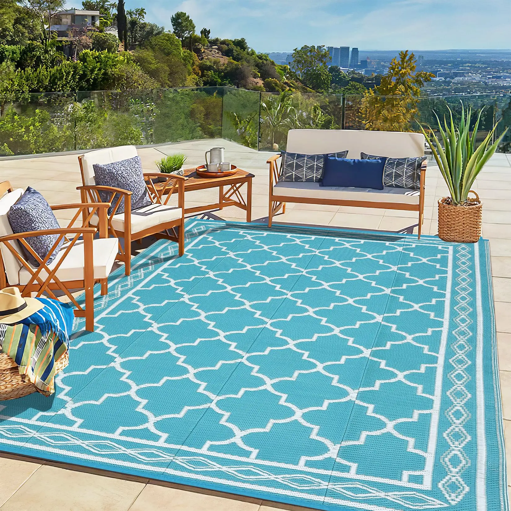 Reversible Outdoor Rug 5 x 8 Feet, Waterproof, with Plastic Straw for Outdoors, with Carry Bag, Modern Geometric Rug for Patio, Caravan Mat