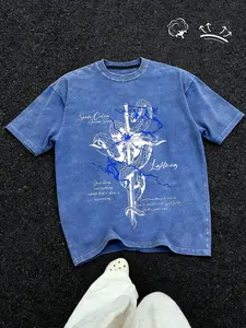 Unisex Vintage Streetwear Sword Print Washed T-Shirt, Casual Loose-Fitting Long Tee, Perfect Gift for Denim Lovers, Fashionable All-Season Clothing