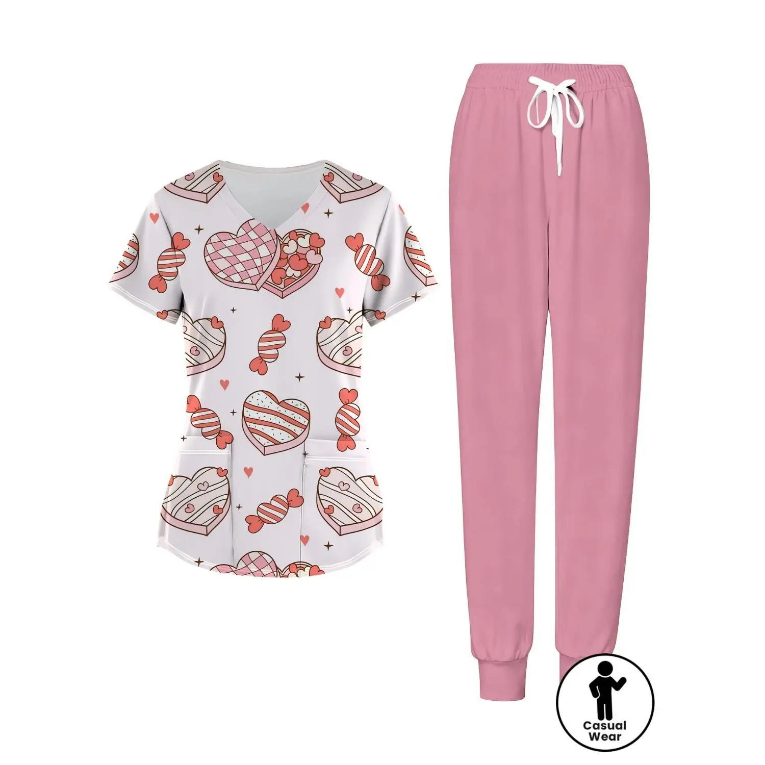 Valentine Candy Heart Print Women's Nurse Uniform Set | V-Neck Scrubs Top and Drawstring Jogger Pants with Pockets | Perfect for Valentine’s Day, Carnival, St. Patrick’s Day | Soft, Breathable Stretch Fabric in Pink