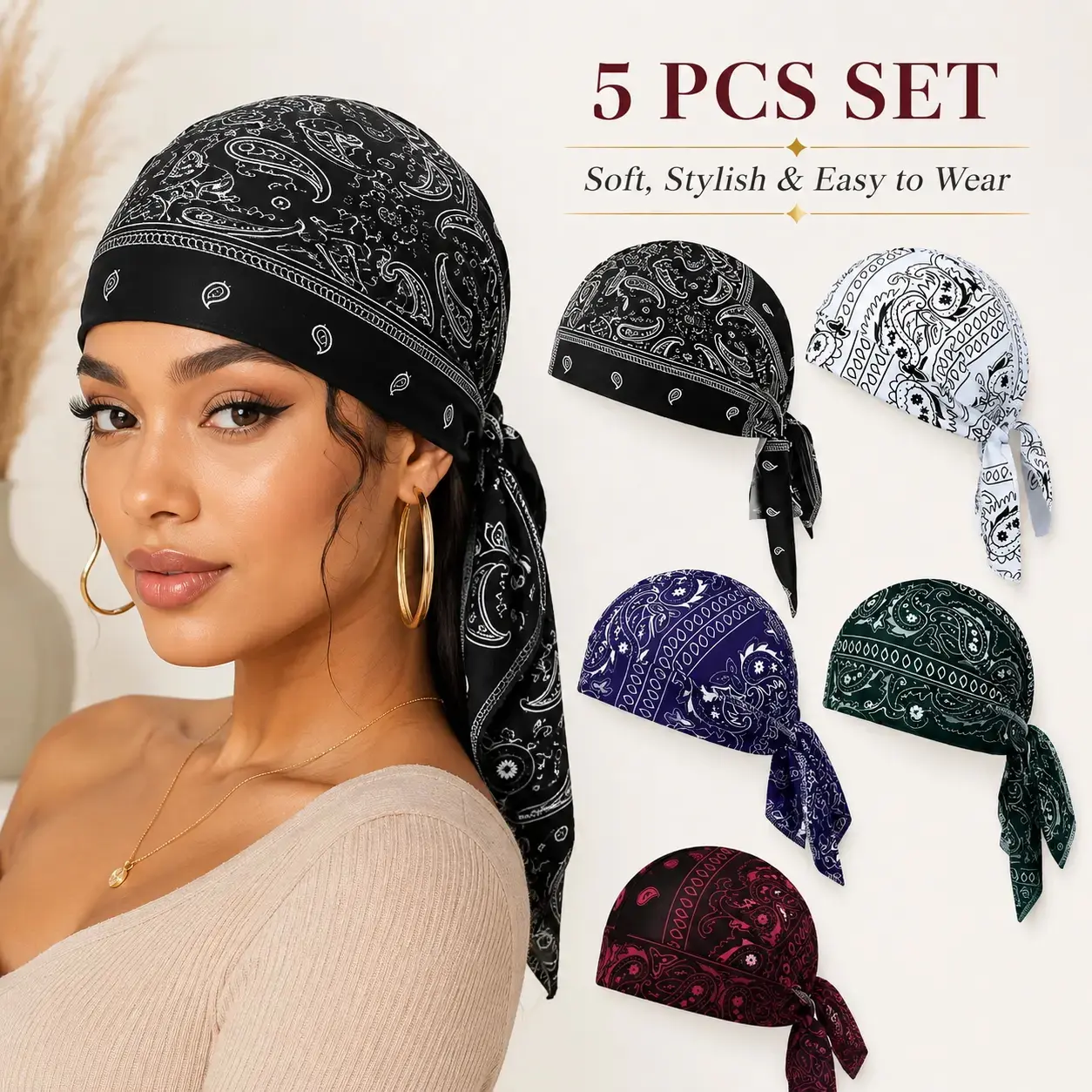 5 PCS Paisley Skull Cap Bandana Head Wraps for Men Women, Adjustable Tie Back Do Rag Headwear, Breathable Lightweight Biker Durag Caps for Motorcycle, Workout, Cycling, Running, Outdoor Sports & Daily Wear