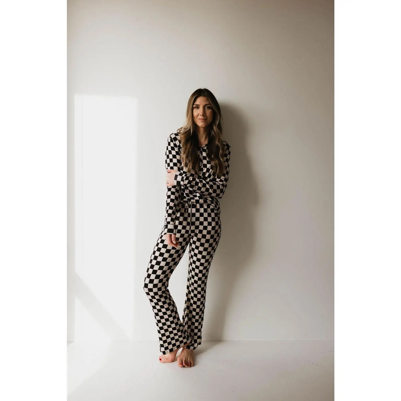 Women's Long Sleeve Bamboo Pajama | Black Checkerboard