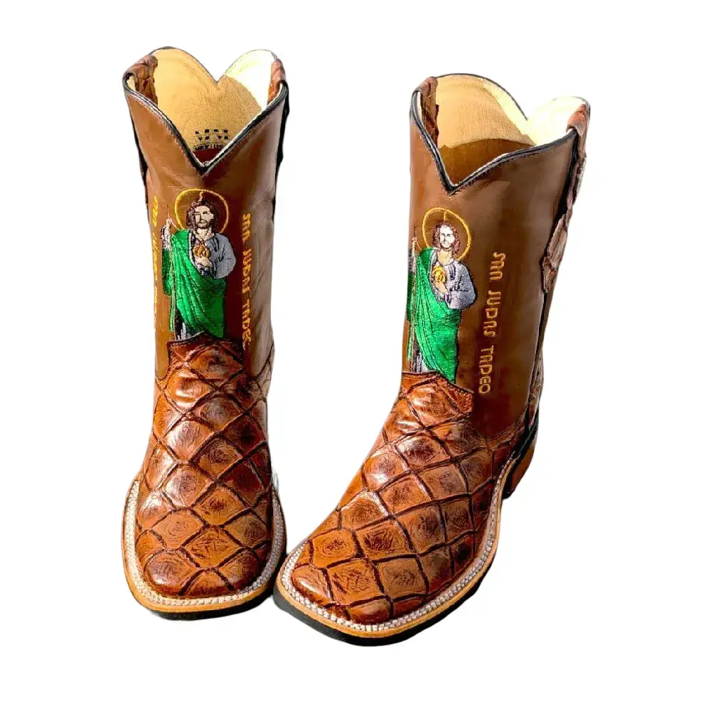 Men's Brown San Judas Boots, Handmade Cowhide Pescado, Rubber Sole, Closed Walking Shoes, Cow Hide Decor, Footwear
