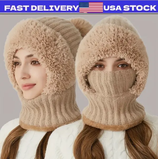 3 in 1 Women Beanie Cap Bobble Scarf Mask Set Knitted Winter Warm Snow Ski Cap