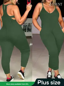 【Plus Size】 Solid Color Cami Jumpsuit, Casual Sleeveless Spaghetti Strap Jumpsuit for Summer, Casual Fitted Jumpsuit, Women's Clothes for Daily Wear, Womenswear, Stretchy Overalls, Casual Jumpsuits, Stylish Jumpsuit