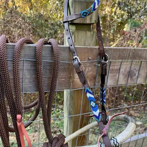 Beaded Complete Bitless Rawhide Bosal Bridle Set Nylon Mecate Rein