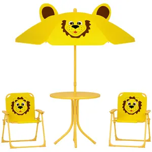 Picnic Table & Chairs Set – Yellow. For Ages 3-6. Foldable Chairs + Table + Height Adjustable Umbrella (33.75"-48"). Fabric Backrest + Armrests. Bayonet Locks
