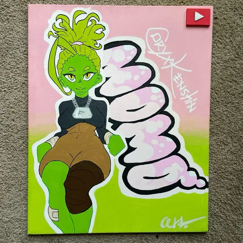 CoryxKenshin Hand Painted Momo Poster - Green Character with Pink Cloud Design on Pink Background