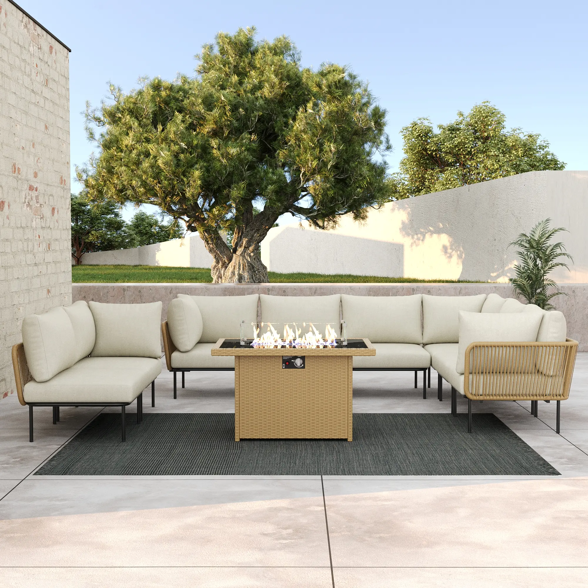 LayinSun 9-Pieces Aluminum Patio Furniture Set, Modern Modular Sectional Sofa with Fire Pit Table and Upgrade Thickness Cushion, Multiple Packages