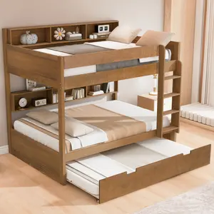 Full over Full Bunk Bed with Trundle and Storage, Wooden Bunk Bed Frame with Bookcase Sideboard, Antique Wood
