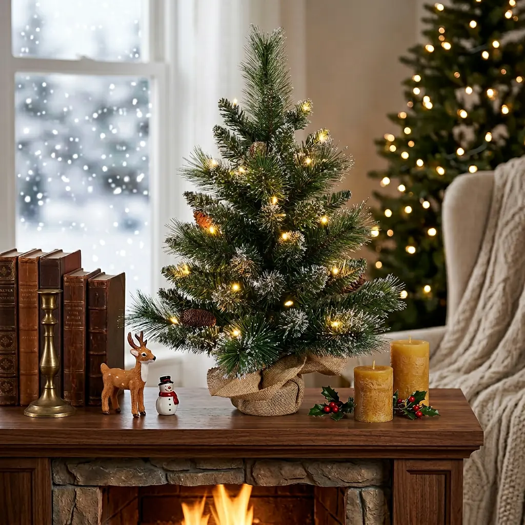2FT Pre-Lit Artificial Mini Christmas Tree - Snow Tipped Tabletop Xmas Tree with 35 LED Lights, Pine Cones, Burlap Base, Ornaments for Dresser, Room & Household Items Decor