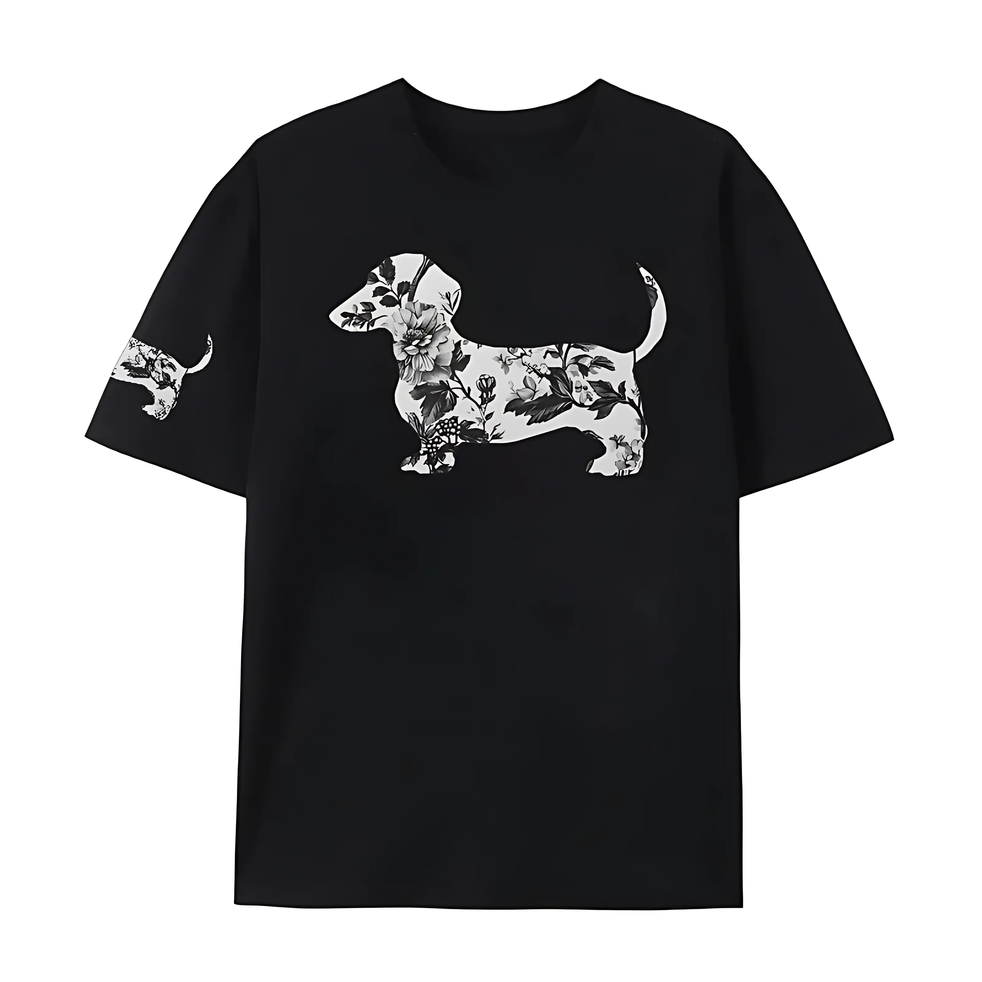 Floral Dachshund Silhouette T-Shirt | Black White Vintage Flower Doxie Dog Graphic Tee, Dog Lover Casual Short Sleeve Top for Men & Women