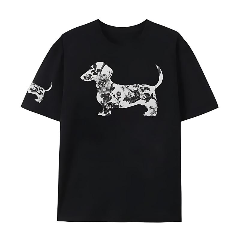 Floral Dachshund Silhouette T-Shirt | Black White Vintage Flower Doxie Dog Graphic Tee, Dog Lover Casual Short Sleeve Top for Men & Women