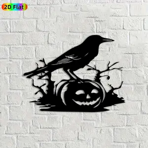 1pc Crow & Jack-o'-lantern Metal Wall Art, Spooky Crow Statue Mural, Ideal Gift for Halloween, Autumn Festival, Gothic Decor Enthusiasts, Weather-Resistant Metal Wall Decor Wall Sculptures, Unique Spooky Season Decor