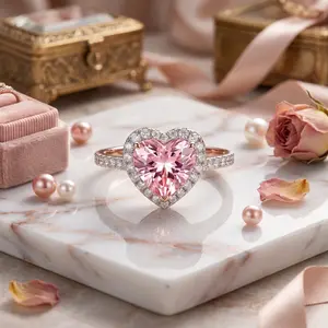 New Pink Heart Ring Women's Moissanite Diamond Ring Full Zircon Engagement Wedding Band Jewelry Gift Synthetic,,Rose,Bear,Ring