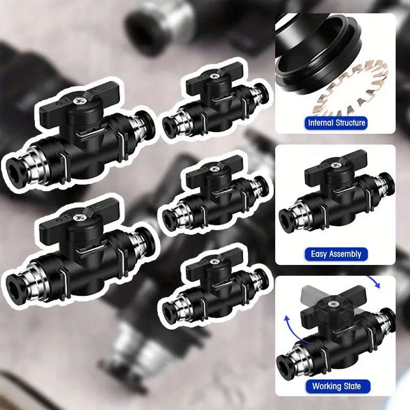 5 Pcs Pneumatic Ball Valve Push to Connect Fittings 1/4" x 1/4" OD PVC Air Flow Control Valve Air Straight Union Quick Connect Hose Fittings