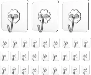 Adove Adhesive Hooks for Hanging, Heavy Duty Wall Hooks 20 Pack, Removable Sticky Ceiling Hooks, Transparent Self Adhesive Shower Hooks, Water & Oil Proof Strong 22lb(Max) Door Coat Hooks