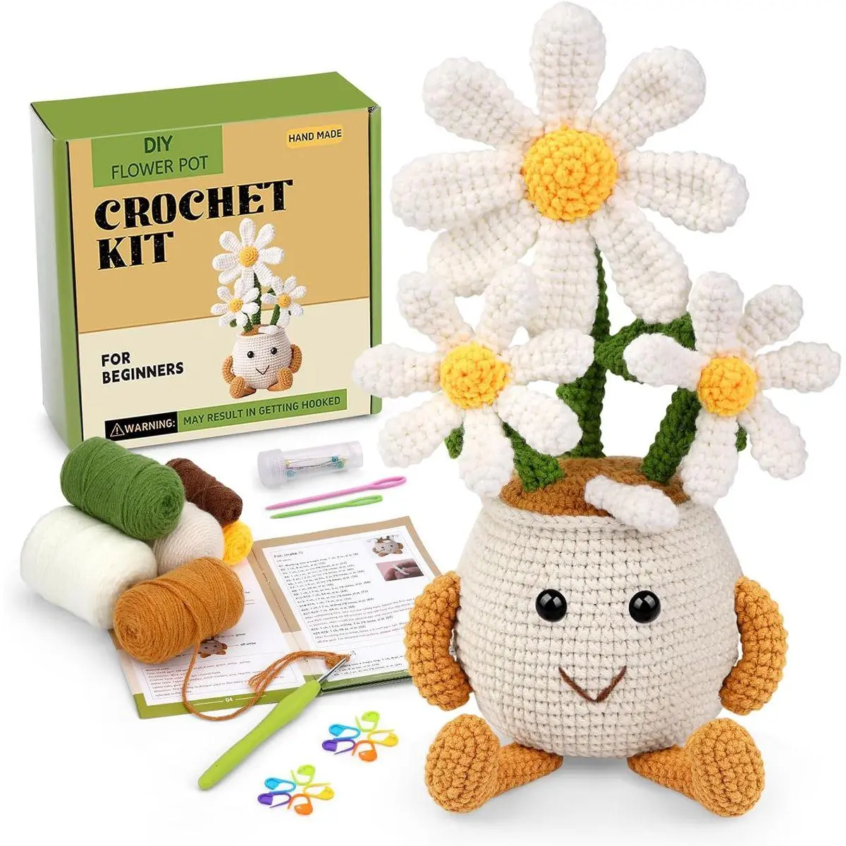 Crochet Kit for Beginners, Daisy Potted Beginner Crochet Kit for Adults Women Men, Crochet Starters Kit with Step-by-Step Video Tutorials, Complete Crochet Accessories for DIY Craft