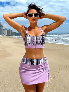 Two-Piece Set Women's Ethnic Pattern Criss Cross Swimsuit Set, Adjustable Strap Crop Cami Top & Drawstring Ruched Skirt, Swimsuit for Women, Bathing Suits 2024 for Women Summer, Bikini Skirt Set