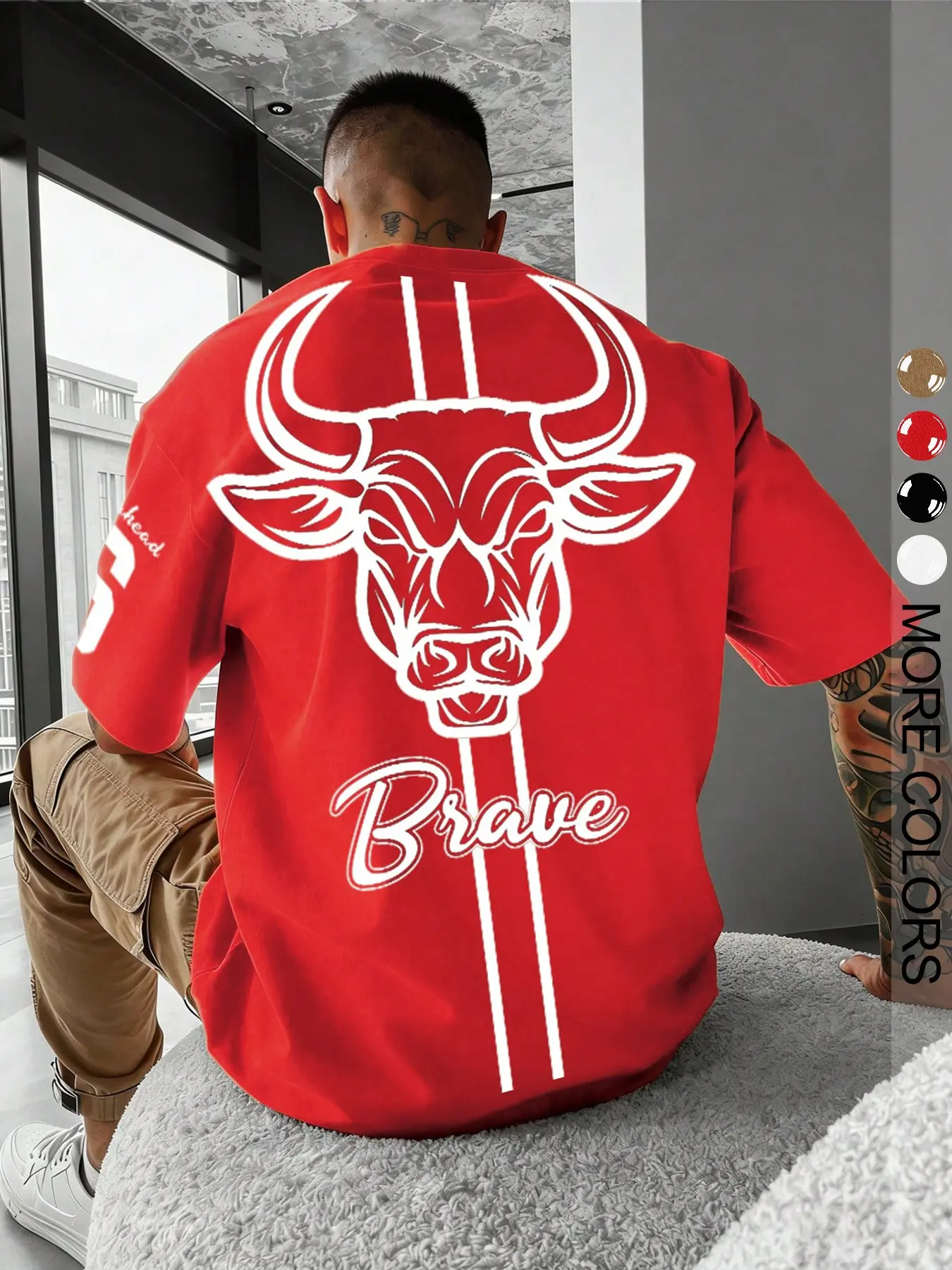 Men's Bull Print T-Shirt, Casual Short Sleeve, Loose-Fitting, Graphic Pattern, Spring & Fall, Outdoor, Travel, Party, Streetwear